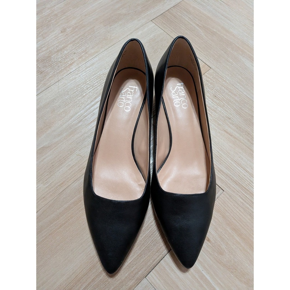 Franco Sarto Womens Black Leather Pointed Toe Pumps Silver Block Heel Size 9